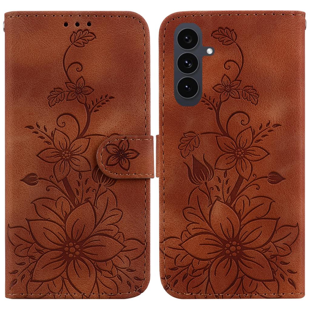 For Samsung Galaxy S25 FE Stand Case Lily Flower Imprint Leather Phone Cover with Wrist Strap