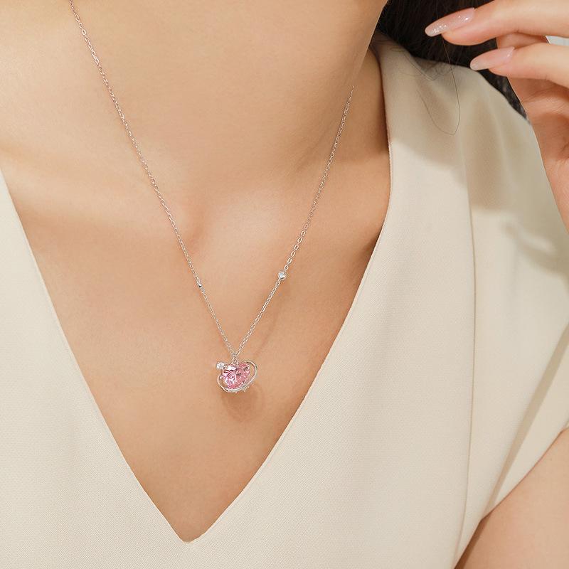 Ocean Heart LOVE Pink Zircon Necklace: 18K Gold-Clad 925 Silver