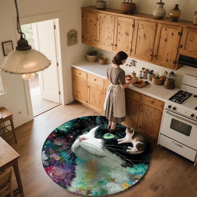 Flower Black and White Cat,Round Area Rug,Carpet Rug for Living Room Bedroom Sofa Playroom Decor,Non-slip Floor Mat