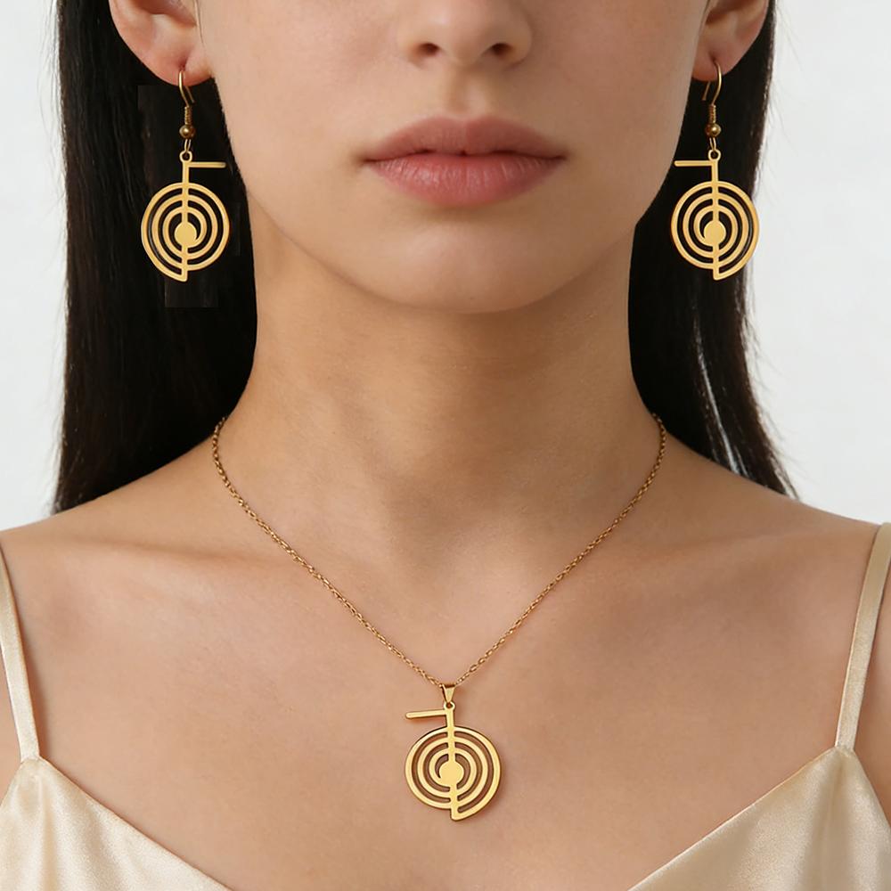 Dawapara Símbolo Reiki Cho Ku Rei Espiritual Conjunto de Joyas de Collar y Pendientes Amuleto de Sanación Geometría Sagrada Joyería de Acero Inoxidable
