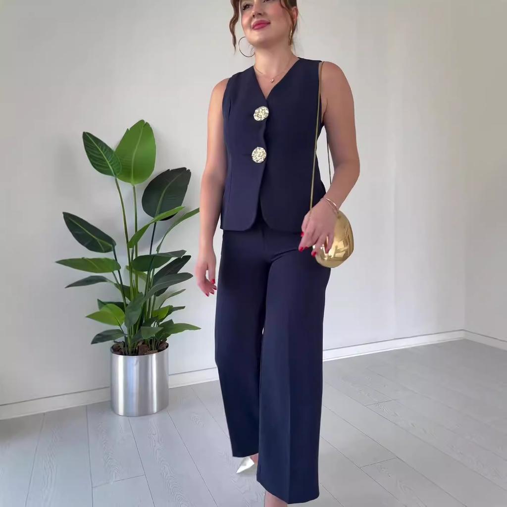 Summer European American Sleeveless Slim Fit Vest Temperament Commuter Pants Suit