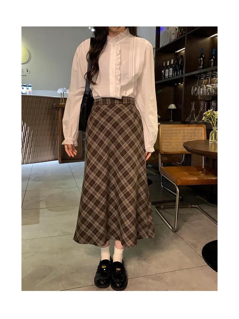 Середньодовга спідниця в клітинку з флісовою підкладкою - Зимова колекція 2025: Універсальна спідниця в стилі молочного чаю