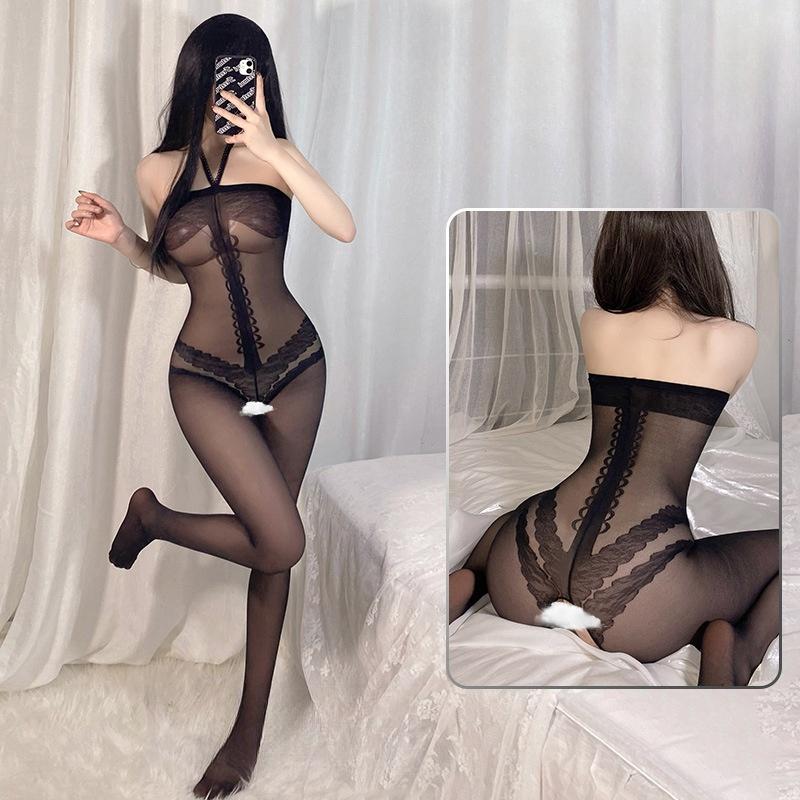 Bodysuit Women Fishnet Crotchless Lingerie Elastic Female Jumpsuit Mesh Clothing Pajamas See Through Lace Open Crotch Thigh High