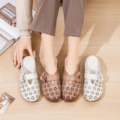 Ethnic Style Flower Hollowed Out Breathable Women's Slippers Genuine Leather Shoes Outdoor Slides