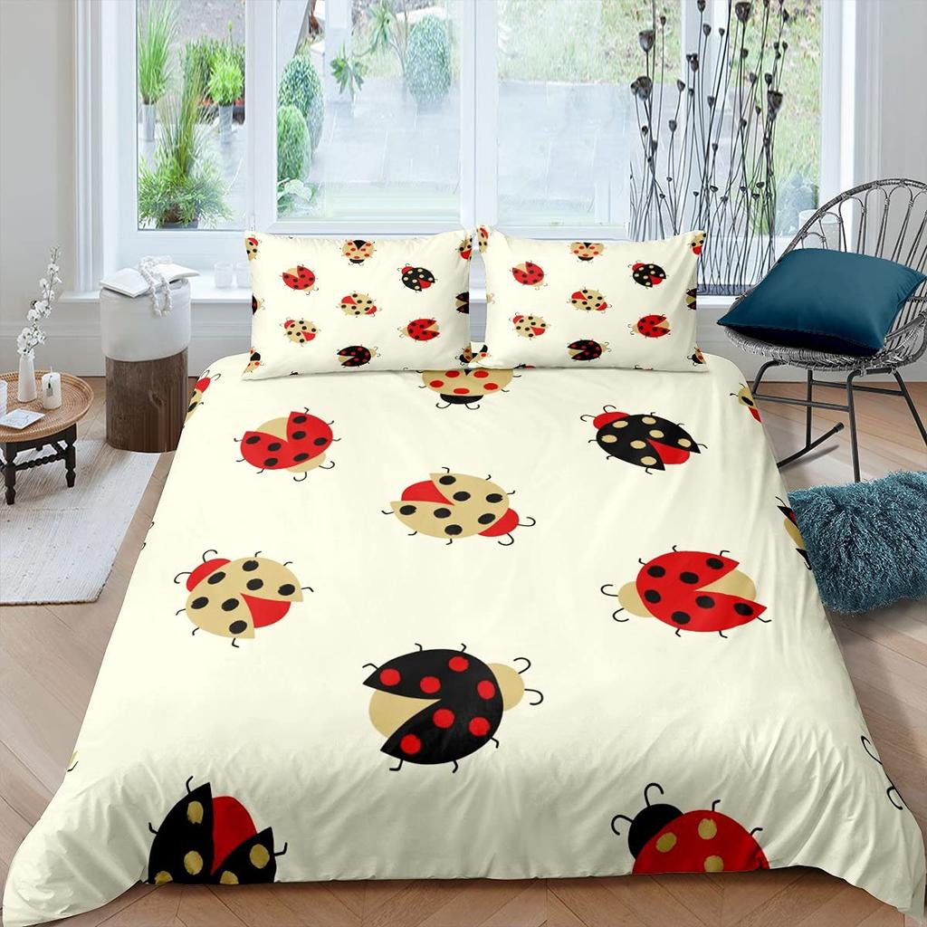 Ladybug Duvet Cover Set 3D Ladybug Printed Bedding Set For Boys Girls Flying Entomology 2/3pcs Soft King Size Quilt Cover