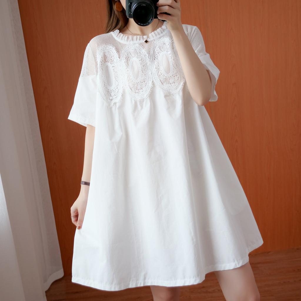 Western Style Plus Size Women's Summer Dress Fat Sister Lace Mesh Stitching Short Sleeves