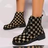 Mode Automne Nouvelles Bottines Chunky Femmes Mode Tête Ronde Lacets Avant Imprimées Semelle Souple Antidérapantes Confortables Chaussures Simples