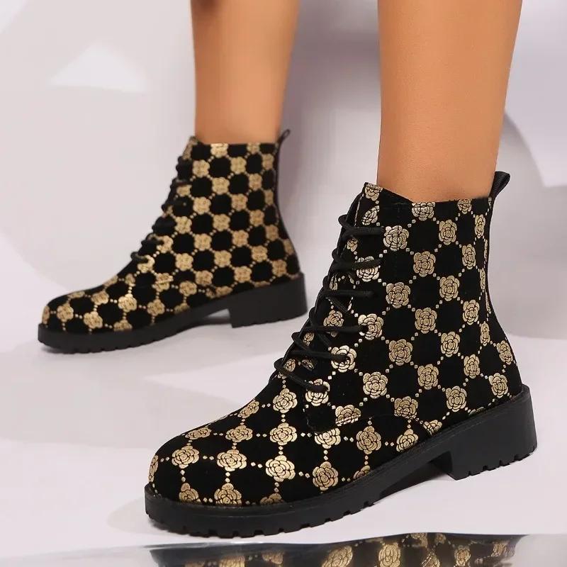 Mode Automne Nouvelles Bottines Chunky Femmes Mode Tête Ronde Lacets Avant Imprimées Semelle Souple Antidérapantes Confortables Chaussures Simples