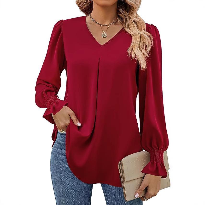 V-neck Pullover Chiffon Shirts Flared Long-sleeved Women's Blouses & Shirts
