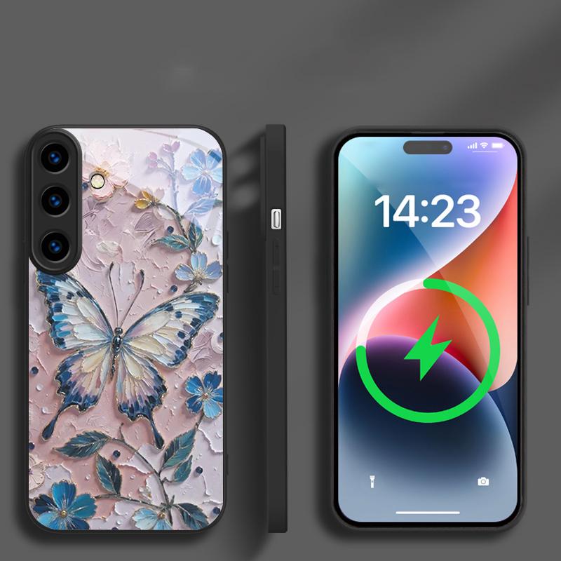 Elegant pink butterfly suitable for Samsung Galaxy S26 Ultra S20 FE S21 S22+ S23 Plus S24 Ultra 25 Edge black Glass Phone Casee