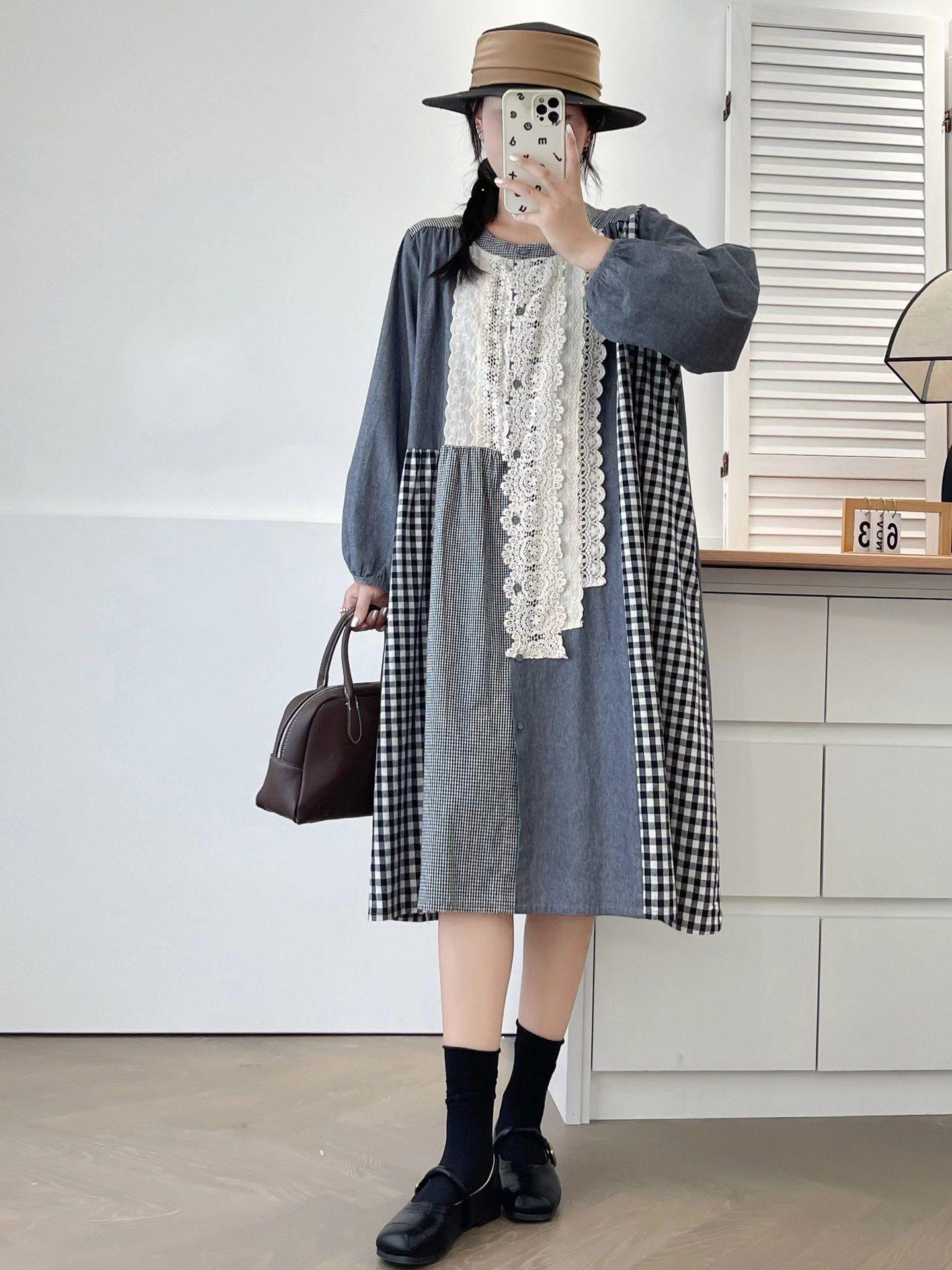 

Johnature Весеннее Лоскутное Кружевное Платье в Клетку Весеннее Ретро Повседневное Свободное С Длинным Рукавом Женские Платья One Size