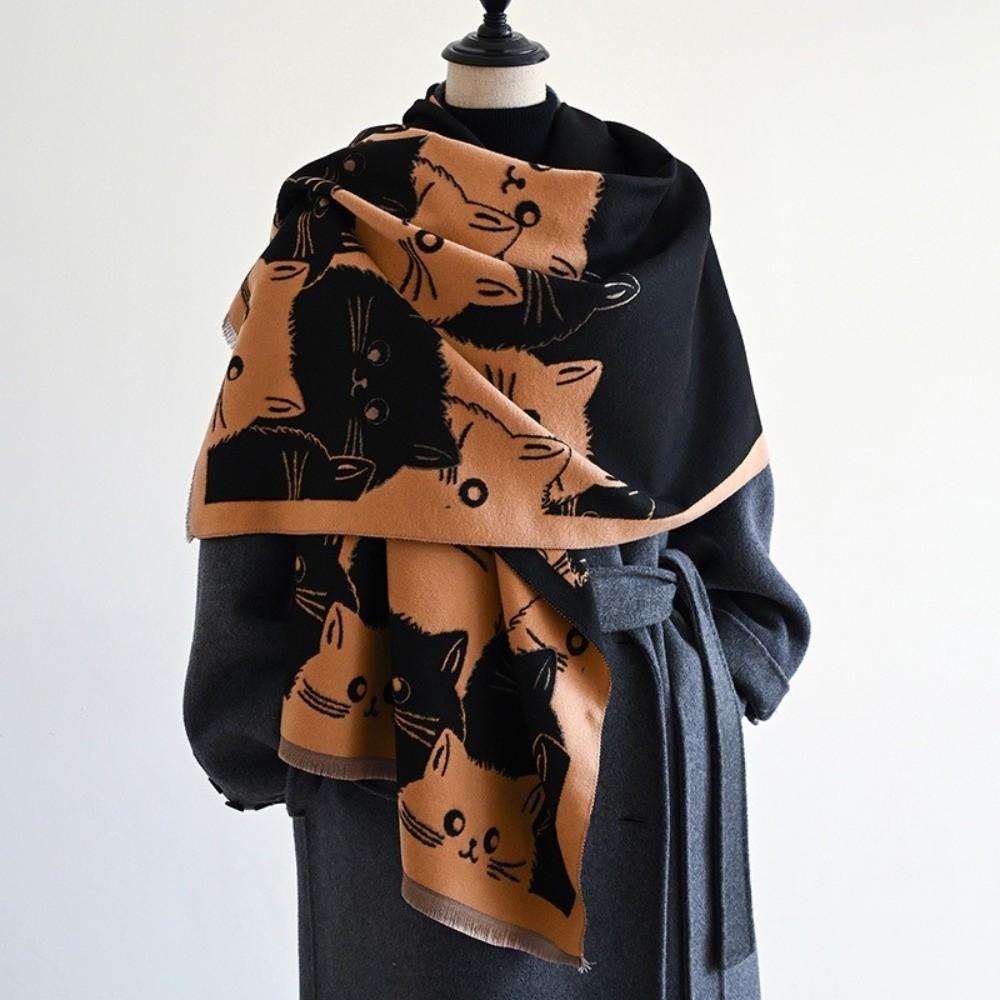 Double Sided Warm Blanket Scarf Large Size Winter Shawl Cat Print Cashmere Scarf  Daily Wear