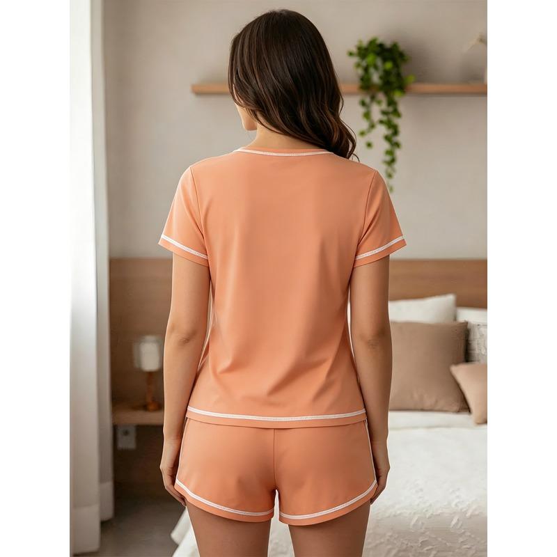 Women Summer Casual Short Sleeve Shorts Two Piece Pajama Set Home Wear