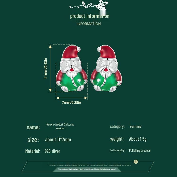 Yinziyun 925 Sterling Silver Luminous Santa Claus Stud Earrings - Trendy European & American Christmas Gift.