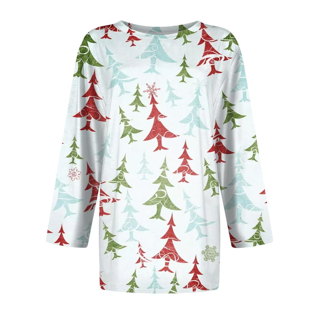 Damenmode Lässiges T-Shirt mit sieben Ärmeln und Weihnachtsdruck, Rundhalsausschnitt