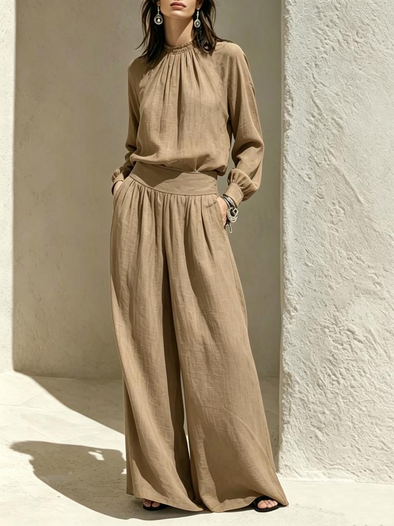 Women's 2 Piece Long Sleeve Top and Wide Leg Pants Set Cotton Linen Casual Outfit