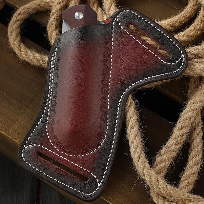 Multifunctional Tool Tactical Storage Leather Holster, Top Layer Cowhide Leather Waist Bag, Folding Knife Storage Case