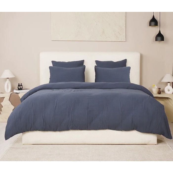 Housse de couette + taies gaze de coton lave 240 x 260 cm Douceur bleu petrole