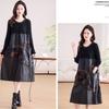Women's long Sweater Dress Knitted Patchwork PU Leather A-Line Dress Plus Size Knitted Dress for Autumn and Winter ...