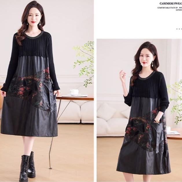 Women's long Sweater Dress Knitted Patchwork PU Leather A-Line Dress Plus Size Knitted Dress for Autumn and Winter ...