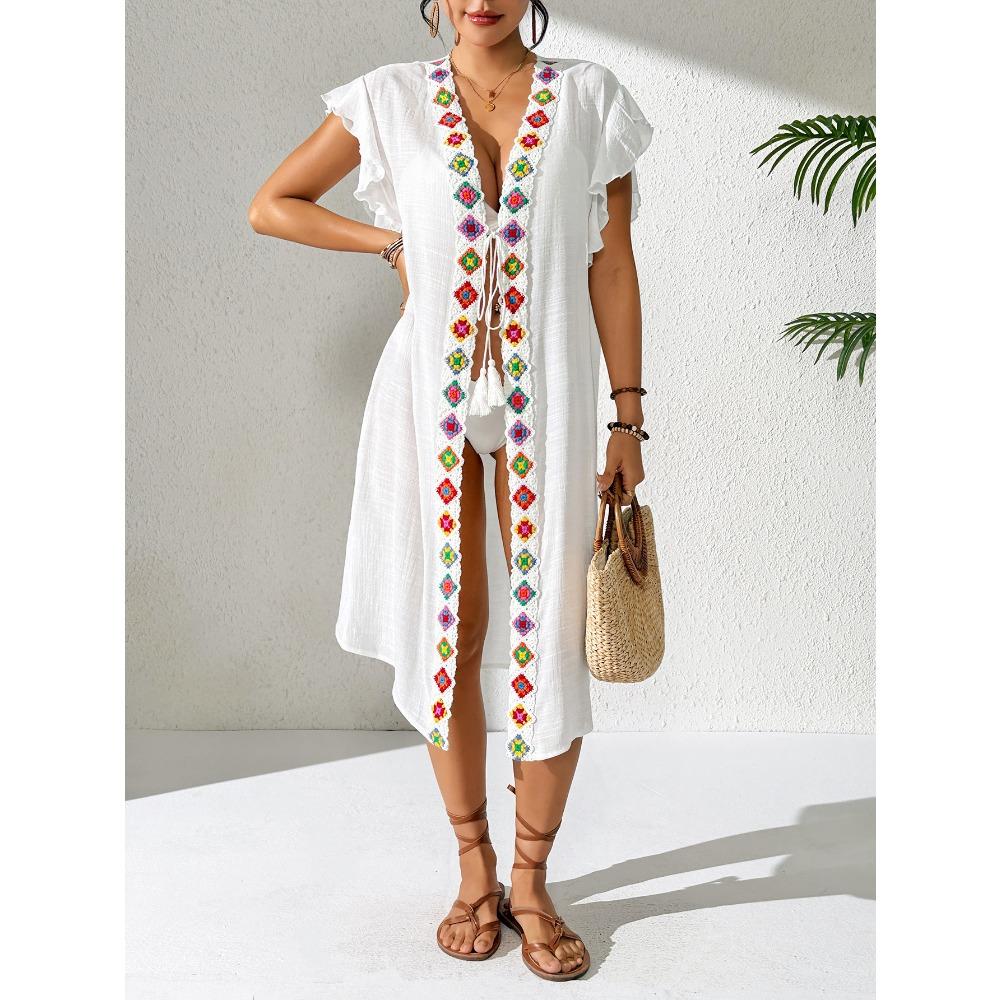 Women's Beach Bikini Top with Sun Protection Jacket, Imitation Hook Lace Patchwork Ruffled Edge Strapless Cardigan