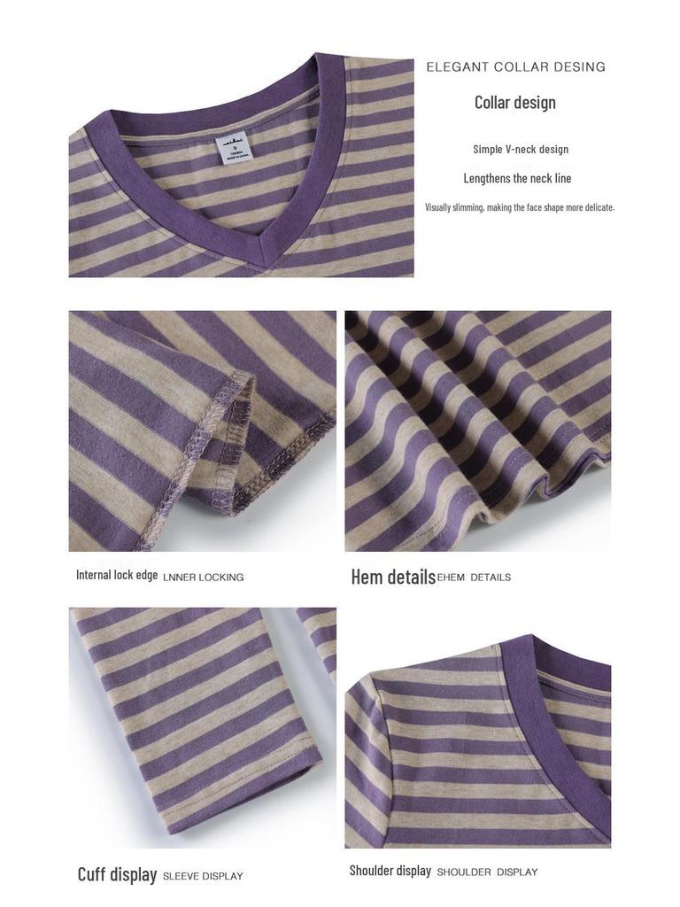 Women's Striped V-neck Long-sleeve Stretchy Casual T-shirt