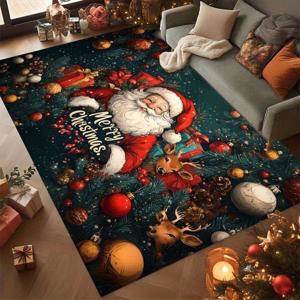 Festive Home Decor Christmas Town Carpet Large Floor Mat With Santa Claus Reindeer Elves Graphic Prints Winter Area Rug