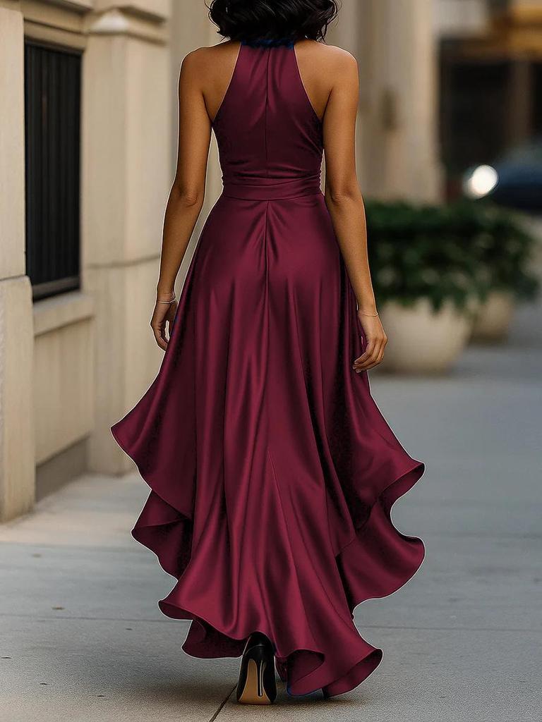 Elegant Satin V-Neck Sleeveless Ruffle Dress for Women