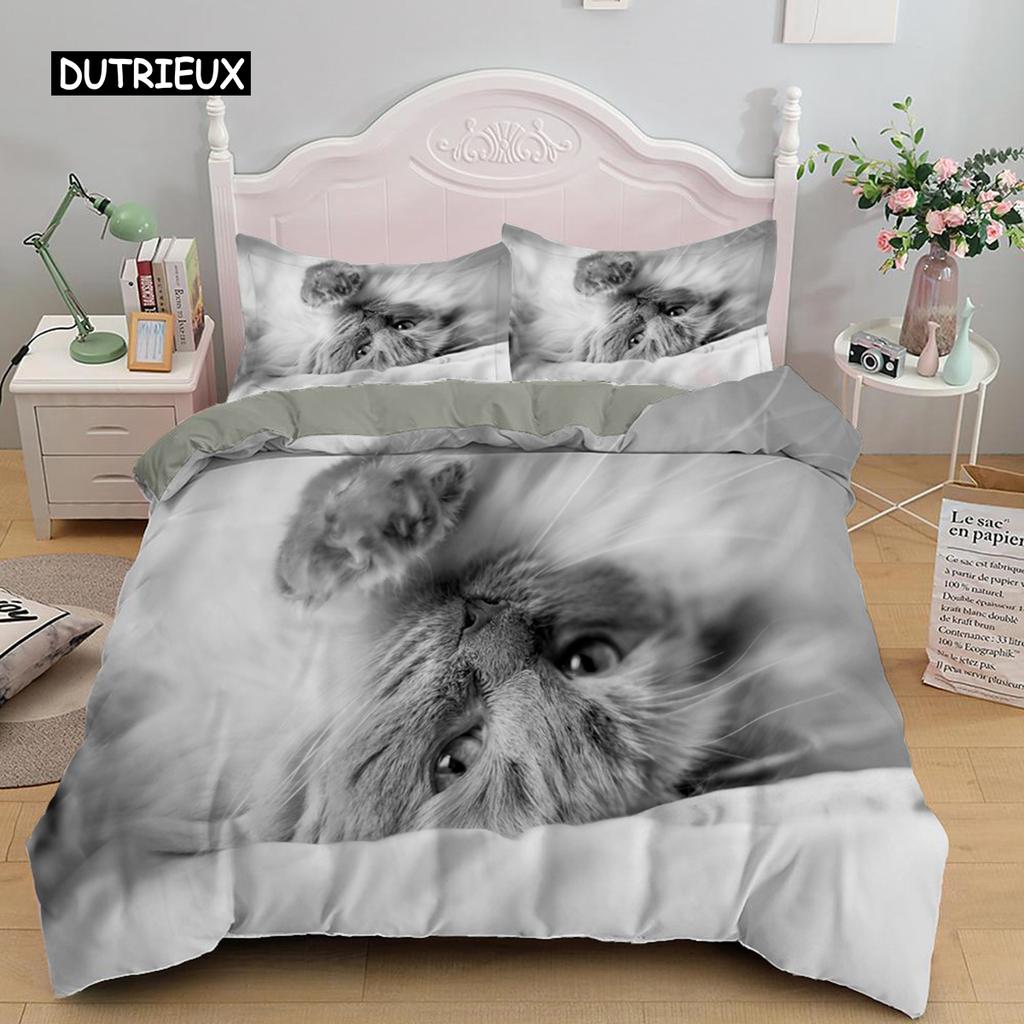 3D Bedding Sets Red Duvet Quilt Cover Set Comforter Bed Linen Pillowcase King Queen 210*210cm Size Pet Cat Design for Kids Girls
