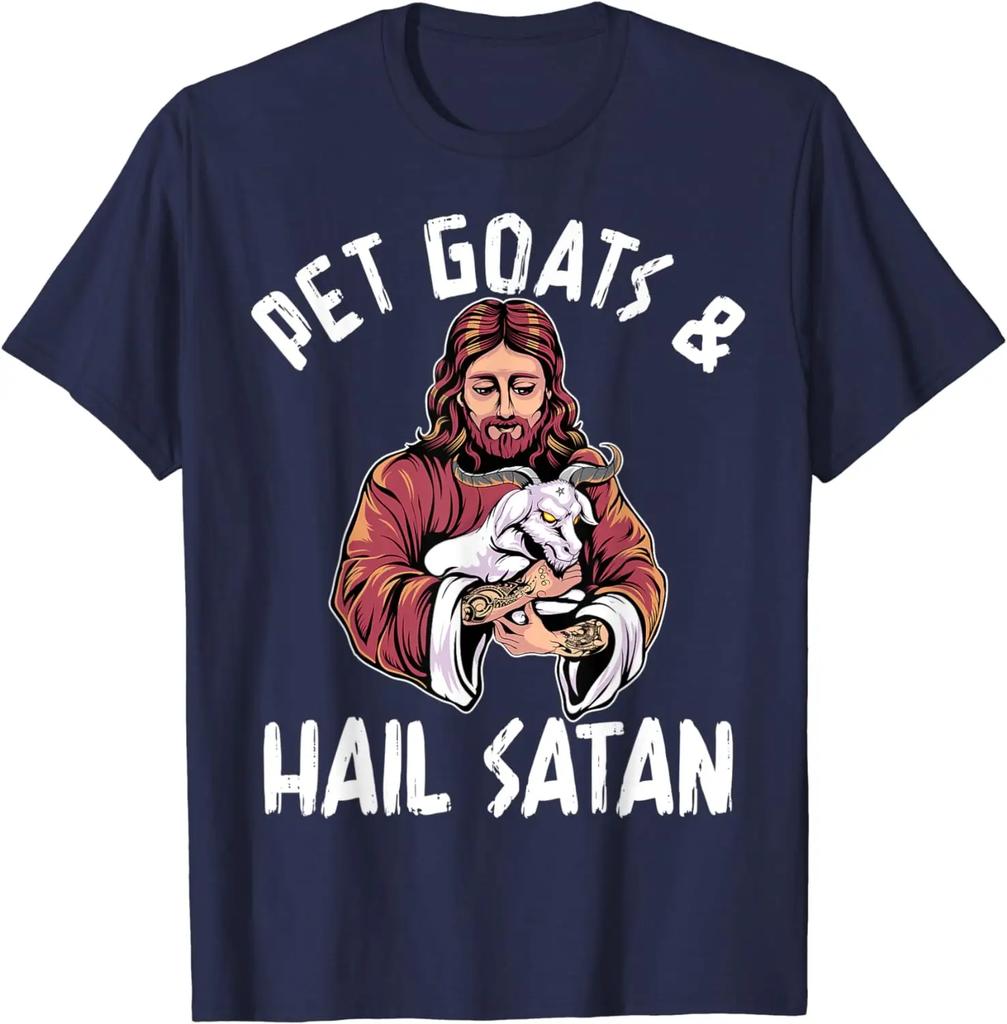 Haustierziegen Hail Satan Jesus Ziege Baphomet Atheist T-Shirt 100% Baumwolle Rundhals Sommer Kurzarm Freizeit Herren T-Shirt Größe S-3XL