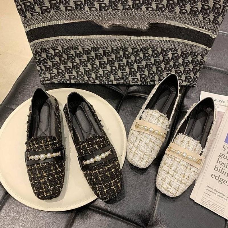 Women's Spring and Summer Square-headed Flat Shoes Korean Version Versatile Beaded Decorative Shallow Flat Heel Cloth Shoes