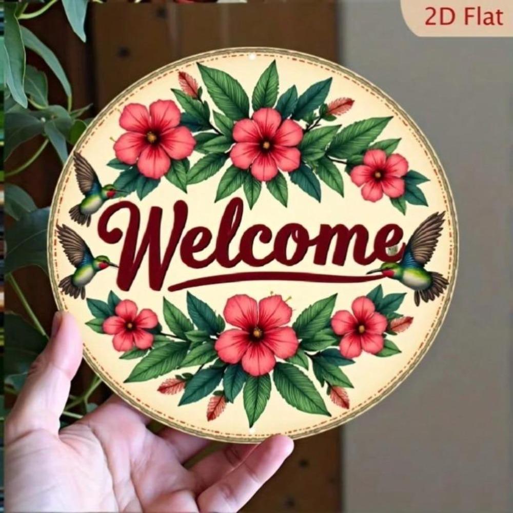 Metal Welcome Sign with Floral Hummingbird Design Rustic Wall Art Waterproof Aluminum Decor