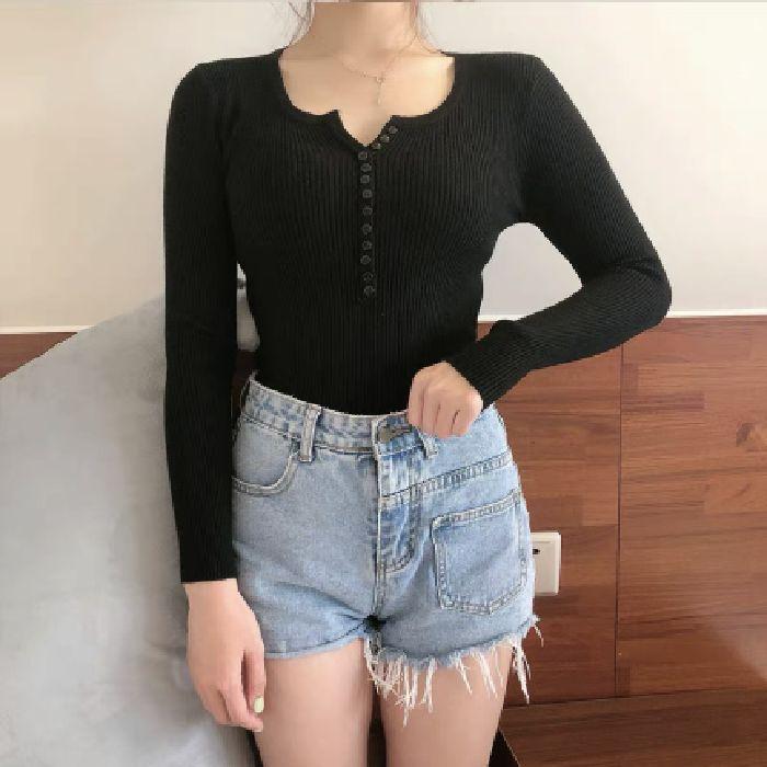 

Вязаный базовый слой с длинными рукавами, V-образным вырезом на пуговицах и стильным, облегающим топом One size чёрный