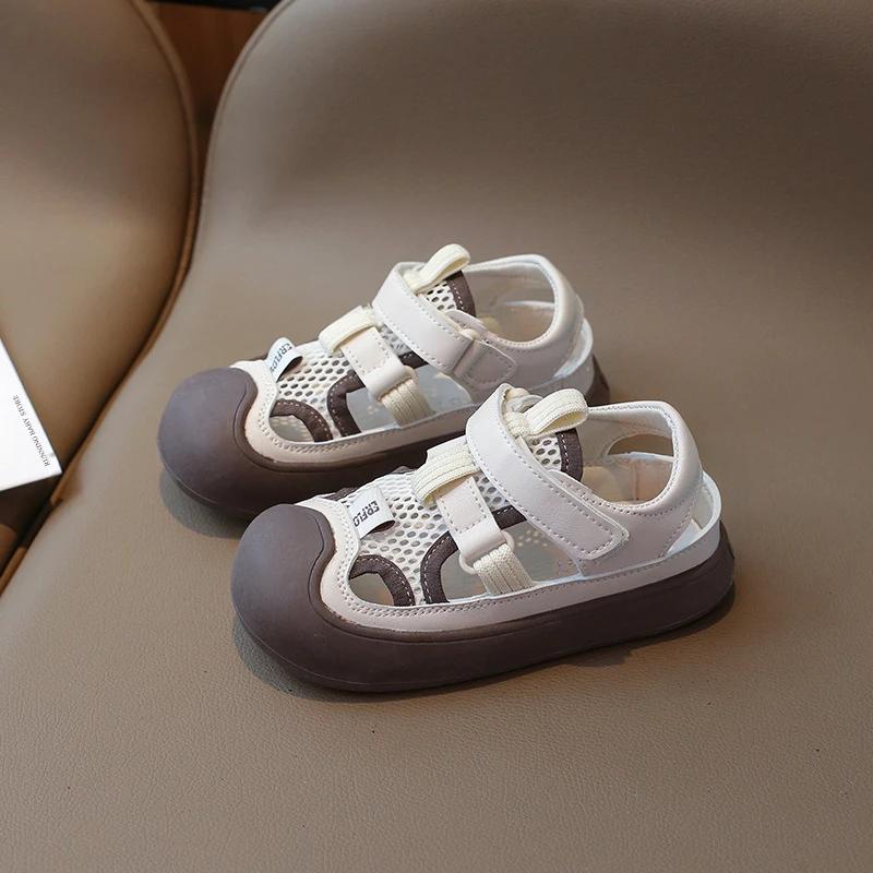 

New Arrival Hollow Children Fashion Footwear Soft Durable Rubber Sole Mesh Kids Shoes Comfortable Boy Sandals Beach Shoes I01245 22 бежевый