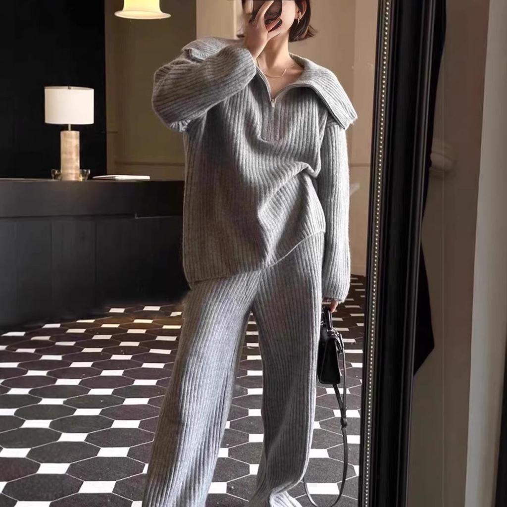 Autumn Winter Cross-Stitch Knitwear: Soft Sweater with Large Lapel & Wide-Leg Pants - Women's Casual Loose Two-Piece Set