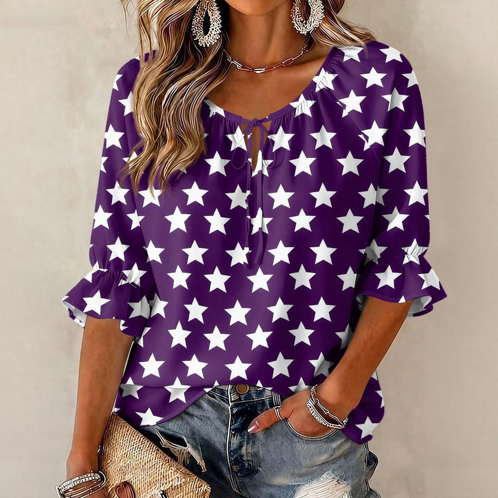 Women's Round Neck Three-Quarter Sleeve Blouse with Star Print and Ruffle Hem Tie