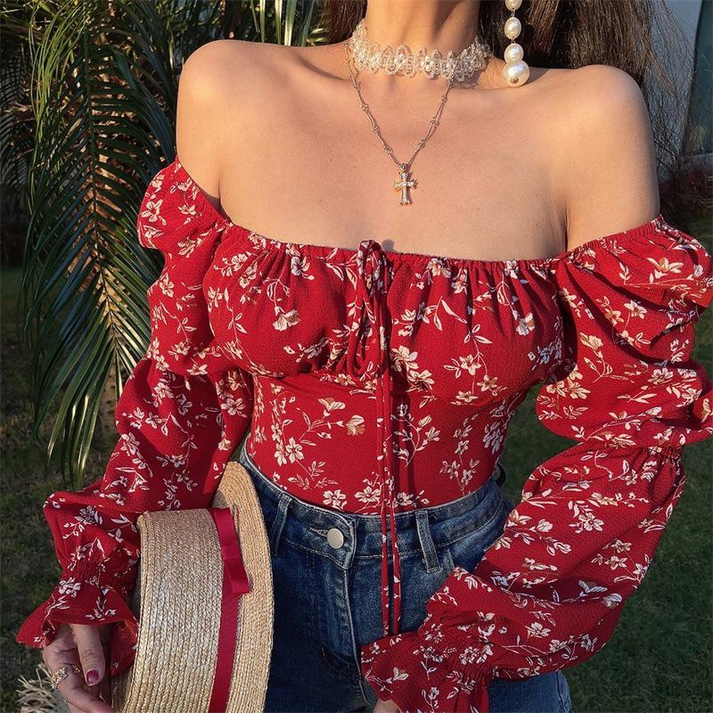 2025 Elegant French Floral Square Neck Puff Sleeve Lace-up Top for Women