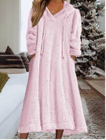 Cross-border 2025 New Autumn/winter European and American Loose Casual Fleece Hooded Long-sleeve Dress Loungewear