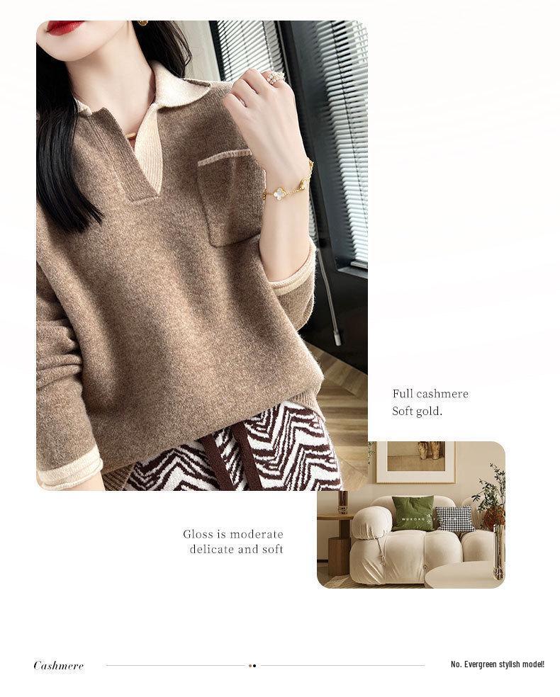 Women's Loose Wool V-Neck Color Block Pullover Sweater - Autumn/Winter Warm Lazy Style