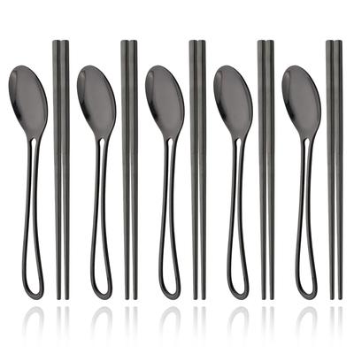 Korean Long Handle Chopsticks Spoon Cutlery Set Reusable Stainless Steel Non-slip Sushi Sticks Food Soup Spoon Flatware Set