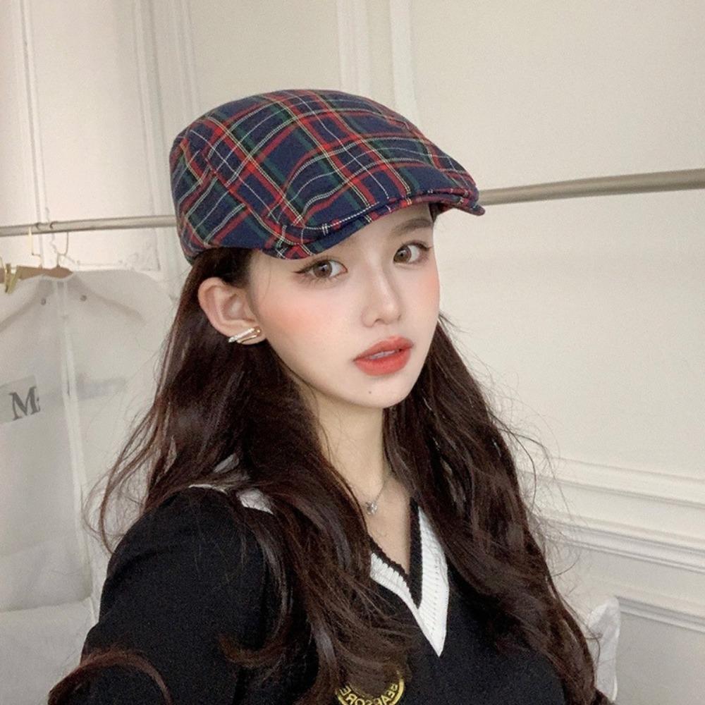 Cotton British Forward Hat Retro Women Artist Hat Simple Plaid Beret Cap Ladies