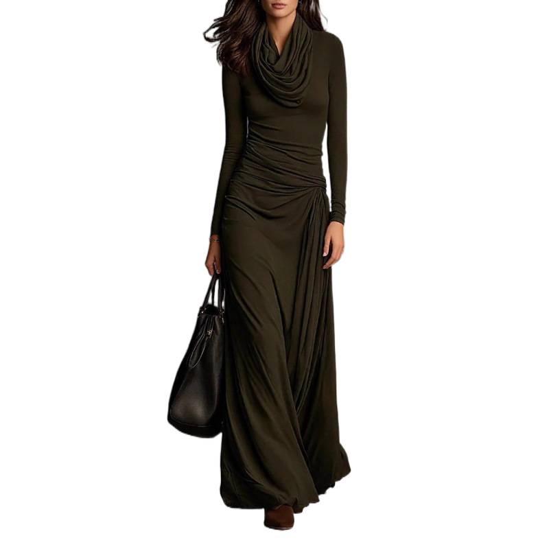 Elegant High Neck Pleated Slimming Long Sleeve Dress for Women - Autumn/Winter Collection 2025