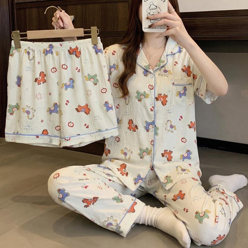 Cloud Cotton Cartoon Pony Pajamas: Women's 2026 Summer Three-Piece Set, Short Sleeve, Fun & Cute Homewear