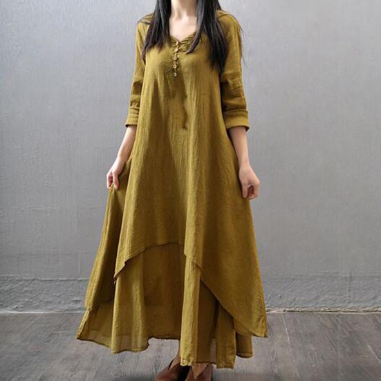 Buttons Decor False Two Pieces Baggy Dress Large Hem V-Neck Solid Color Long Sleeve Retro Dress Streetwear