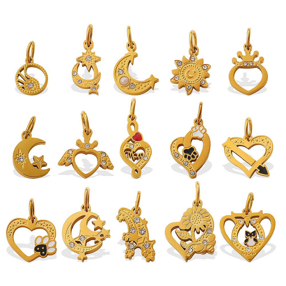 18K Gold-Plated Stainless Steel Moon Heart Diamond Pendant for DIY Jewelry