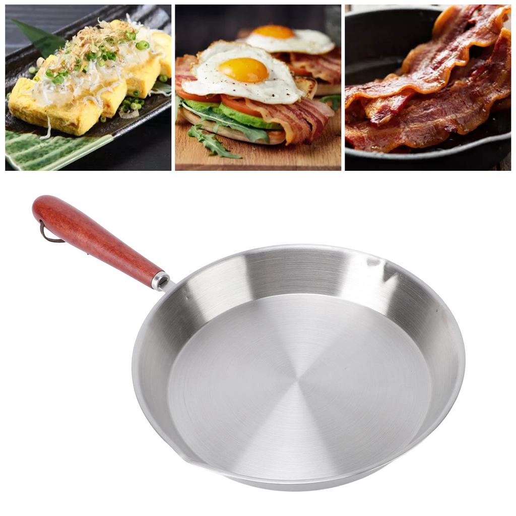 304 Stainless Steel Egg Frying Pan Small Omelet Pan with Pouring Spout Wooden Handle for Cooking Breakfast Pancakes