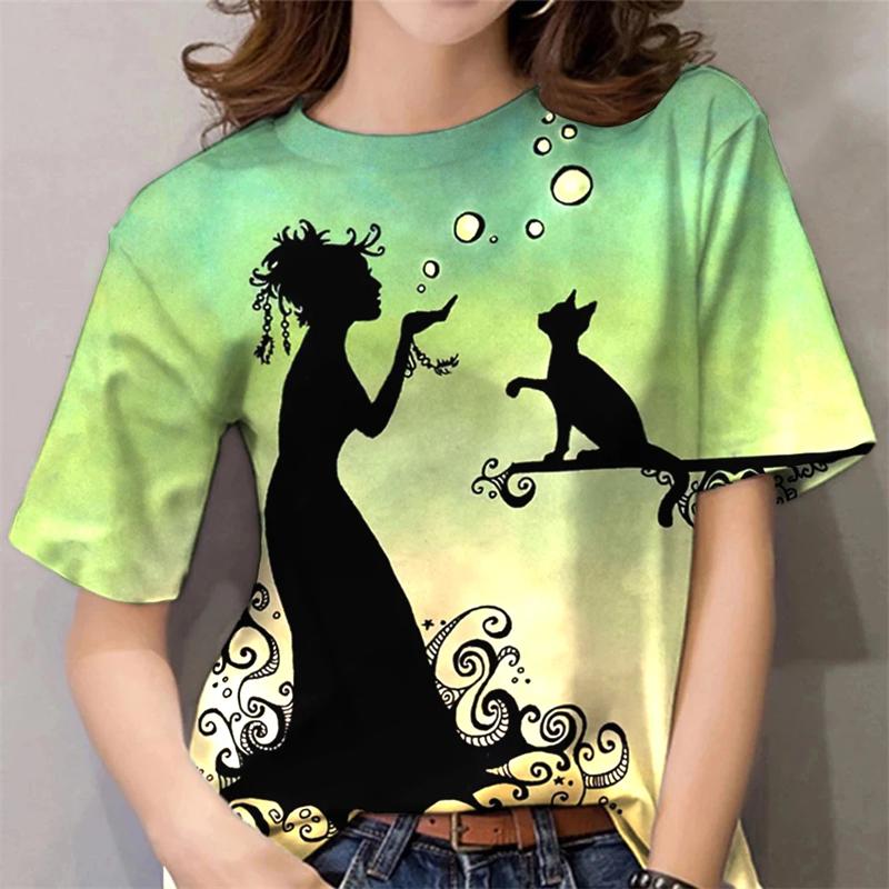 2025 T-Shirt For Women Kawaii Cat Print Tops Summer Oversized Tshirts Womens Clothes O-Neck Tees Female Clothing Fashion Blouse