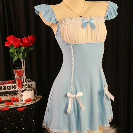 Girls' Ruffle Bow Color Block Jumpsuit Nightdress