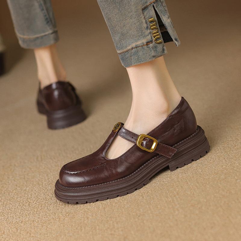 Casual large size small leather shoes Casual four-season single shoes Women's low heel solid color buckle rubber soft sole square heel flat shoes