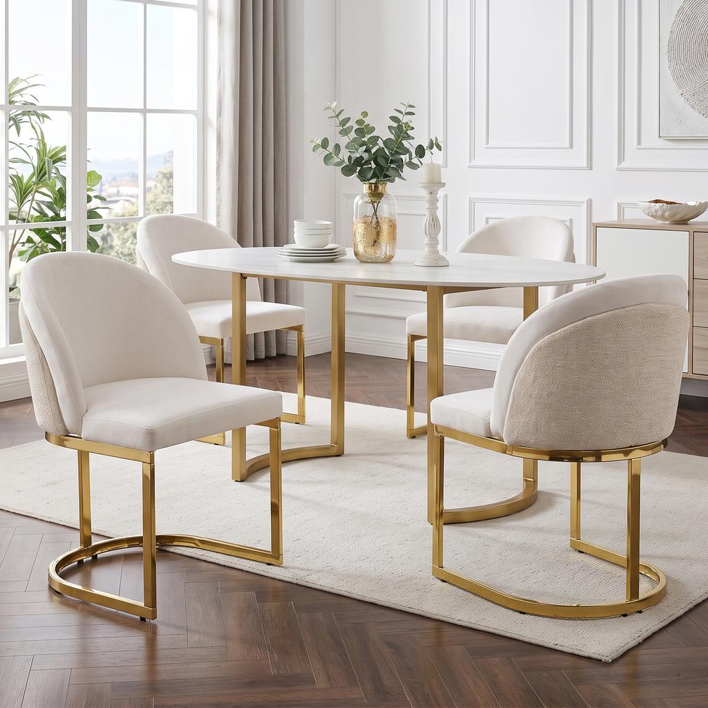 2 Esszimmerstühle, geeignet für Restaurants, Wohnzimmer, Cafés, moderner Stil, goldfarbene verzinkte Stuhlbeine, Chenille-Stoff, beige + gold